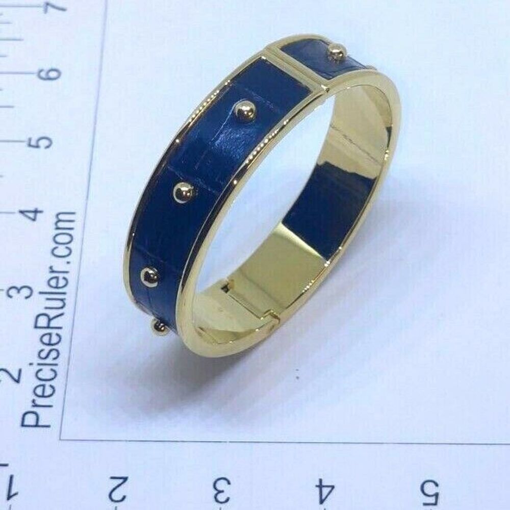 Signed Joan Rivers Black Leather Gold Studded Hinged Clamper Bangle Bracelet